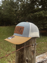 Load image into Gallery viewer, Trucker Hat - Heather Grey/Birch/Amber Gold with Leather Patch
