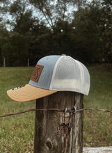 Load image into Gallery viewer, Trucker Hat - Heather Grey/Birch/Amber Gold with Leather Patch
