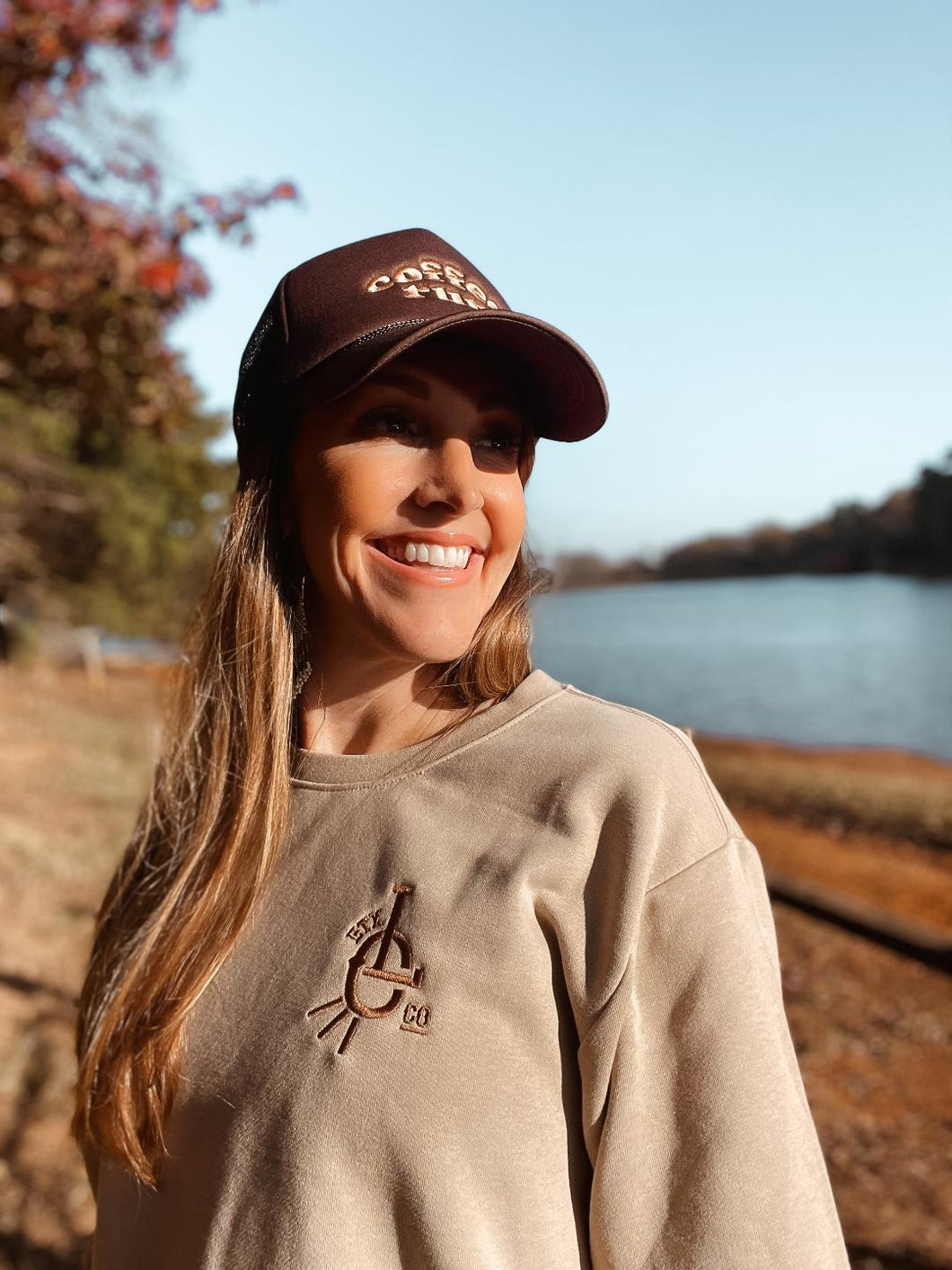 Women's Sueded Sweatshirt - Tan w/ Copper Embroidery